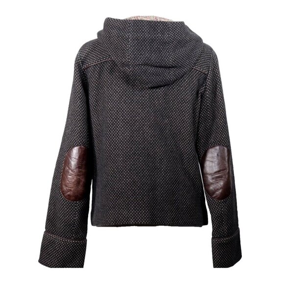 Cacharel Women’s Small Brown Tweed Duffle Coat Wool Elbow Patch Hooded Jacket - Picture 5 of 6